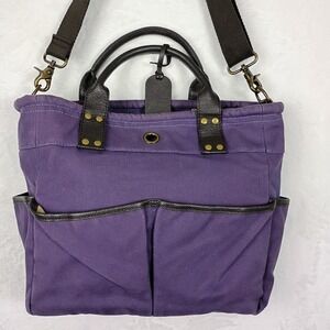Levenger Purple Canvas Leather Trim Tote Crossbody Bag Brass Hardware